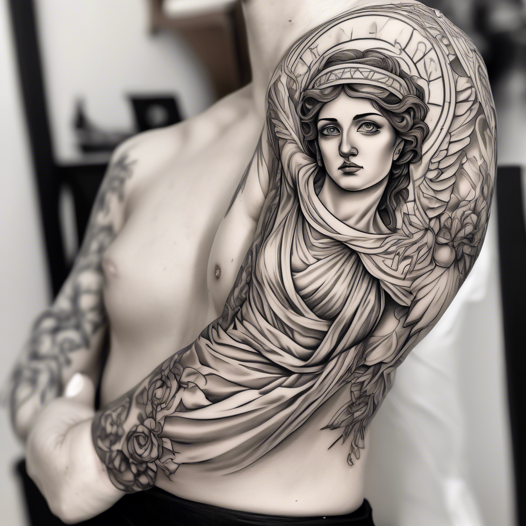 A full sleeve with a pectoral and shoulder blade part2c of the greek muses.  clio on the shoulder and erato on the pec tattoo idea - made by Ink Studio  AI, image size:1024x1024